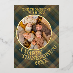 Schattigee vrolijke Thanksgiving Plaid Pattern Gol Folie Feestdagenkaart