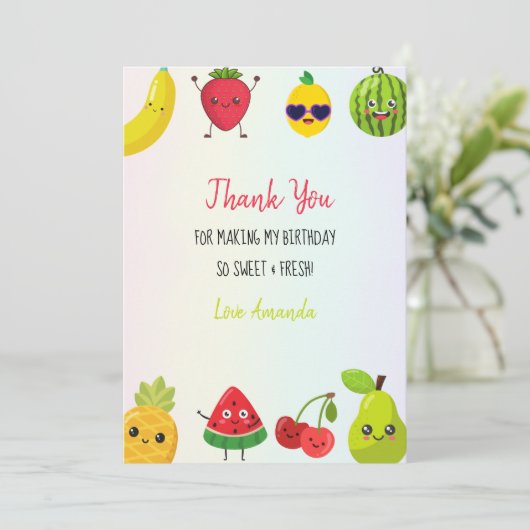 Schattigee vruchten Dank u Verjaardagsfeest Platte Bedankkaart (Staand voorkant)