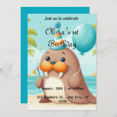 Schattigee Walrus thema 1e verjaardag Uitnodigen Feestdagenkaart (Voorkant / Achterkant)