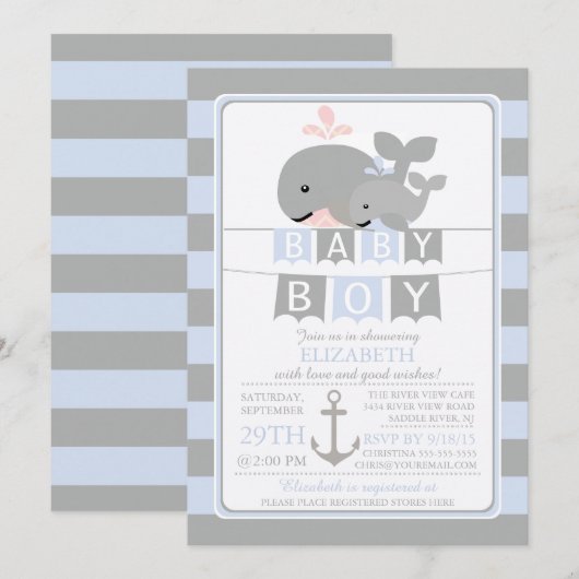 Schattigee walvis jongen Baby shower uitnodiging (Voorkant / Achterkant)