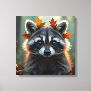 Schattigee wasbeer in herfstbladeren canvas afdruk