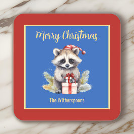 Schattigee wasbeer met kerstmuts vrolijk kerstfees vierkante kartonnen onderzetter