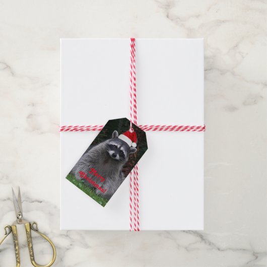 Schattigee wasbeer met rode kerstmuts vakantie cadeaulabel (Met Touw)