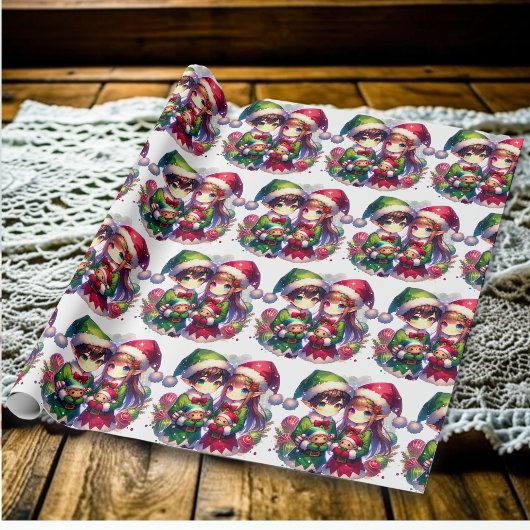 Schattigee Waterverf Anime Elves Kerst Cadeaupapier