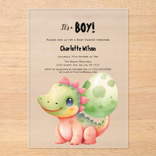 Schattigee Waterverf Baby Dinosaurus Baby shower Acryl Uitnodigingen (Voorkant)