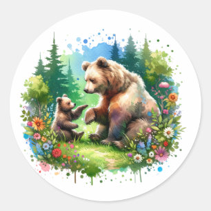 Schattigee Waterverf Beer en Cub Ronde Sticker