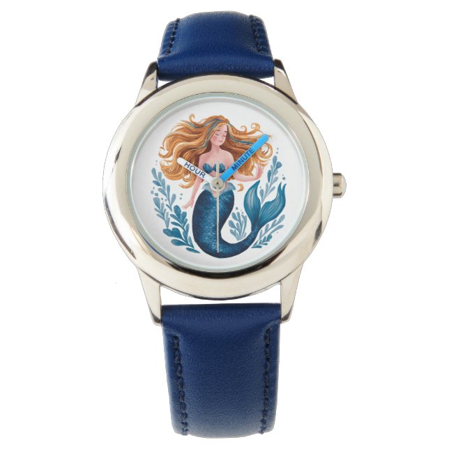 Schattigee Waterverf Blauwe Zeemeermin Kinder Horl Horloge (Voorkant)