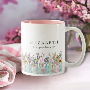 Schattigee Waterverf Bloemen Bloemen Beste oma ooi Tweekleurige Koffiemok