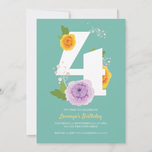 Schattigee Waterverf Bloemen Kinder 4e Verjaardags Save The Date (Voorkant)