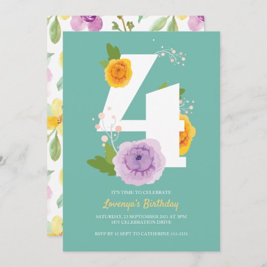 Schattigee Waterverf Bloemen Kinder 4e Verjaardags Save The Date (Voorkant / Achterkant)