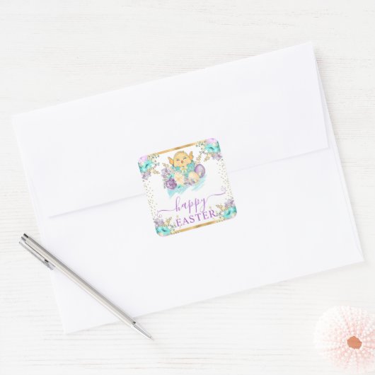 Schattigee Waterverf Bloemenkuiken en eitjes Pasen Vierkante Sticker (Envelop)