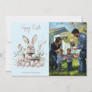 Schattigee Waterverf Bunny en Easter Egg Bloemenfo Feestdagenkaart