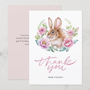 Schattigee Waterverf Bunny en Roze Bloemen Krans Bedankkaart