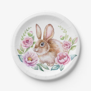Schattigee Waterverf Bunny en Roze Bloemen Krans Papieren Bordje