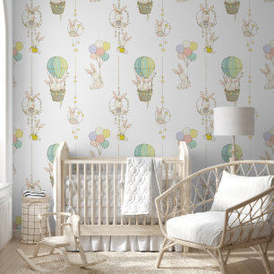 Schattigee Waterverf Bunny Hete Luchtballon Jongen Behang