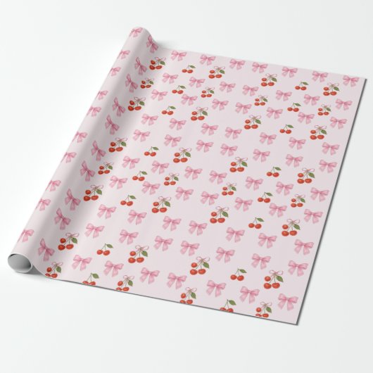 Schattigee Waterverf Cherry Bow Coquette Pattern Cadeaupapier (Uitgerold)