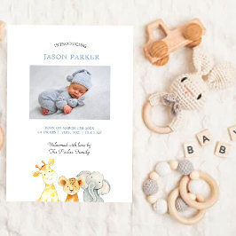 Schattigee waterverf dieren Baby Boy Foto geboorte Aankondiging