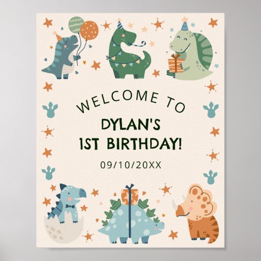 Schattigee Waterverf Dinosaurus Verjaardagsfeestje Poster (Voorkant)