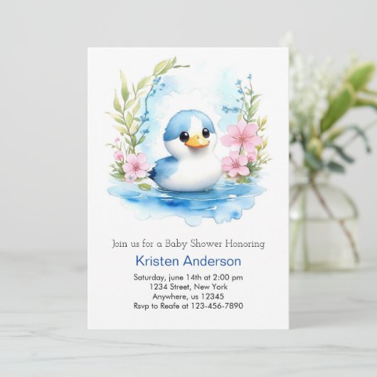 Schattigee Waterverf Eend Wildflower Boy Baby show Kaart (Staand voorkant)