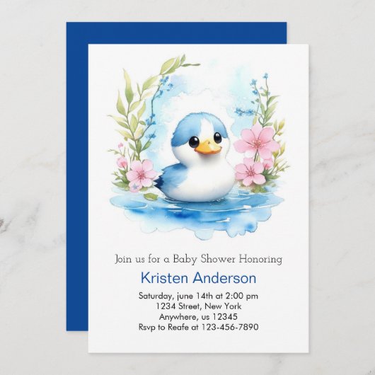 Schattigee Waterverf Eend Wildflower Boy Baby show Kaart (Voorkant / Achterkant)