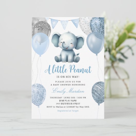 Schattigee waterverf Elephant Boy Balloons Baby sh Kaart (Staand voorkant)