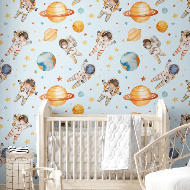 Schattigee Waterverf Explorer Astronaut Kinderkame Behang (Cute Watercolor Explorer Astronaut Nursery Room Wallpaper)
