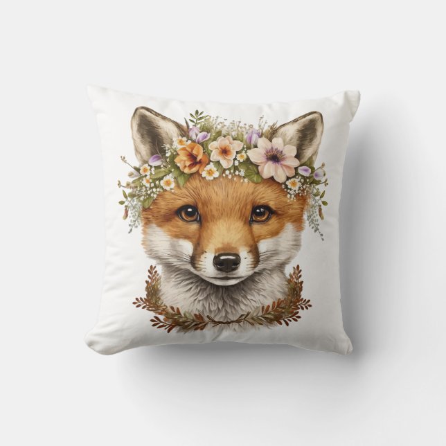 Schattigee Waterverf Floral Baby Fox Kussen (Voorkant)