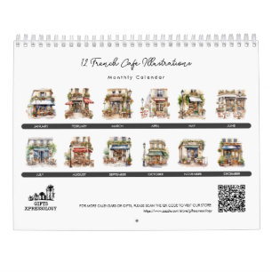 Schattigee Waterverf Frans Café Bistro Paris Maand Kalender