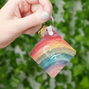 Schattigee Waterverf gepersonaliseerde regenboog Sleutelhanger