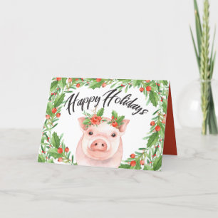 Schattigee Waterverf Happy Pig and Berries Feestdagen Kaart