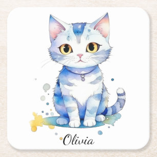 Schattigee waterverf kat (kitten) ontwerp vierkante kartonnen onderzetter