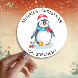 Schattigee Waterverf kerstpinguïn gepersonaliseerd Ronde Sticker