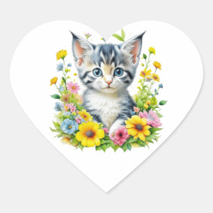 Schattigee Waterverf Kitten in Flowers Hart Sticker