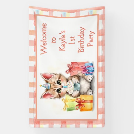 Schattigee Waterverf kitten thema verjaardag Spandoek (Verticaal)
