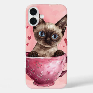 SCHATTIGEE WATERVERF KITTEN ZITTEN IN ROZE THEEKOP iPhone 16 PLUS HOESJE