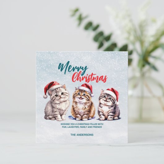 Schattigee waterverf kitty cat Santa Merry Christm Feestdagenkaart (Staand voorkant)