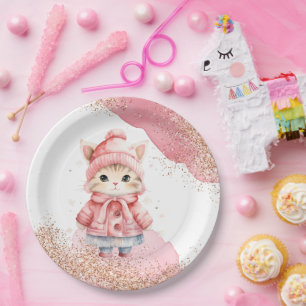 Schattigee Waterverf Kitty Cat Winter Coat Party Papieren Bordje
