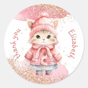 Schattigee Waterverf Kitty Cat Winter Coat Party Ronde Sticker