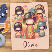 Schattigee Waterverf Kokeshi Dolls Blush Fleece Deken