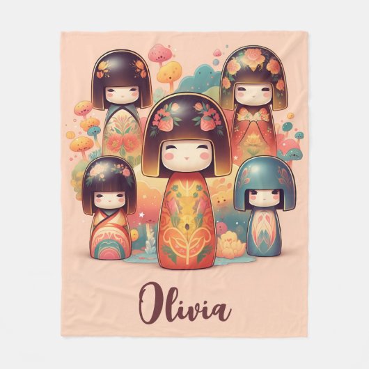 Schattigee Waterverf Kokeshi Dolls Blush Fleece Deken (Voorkant)