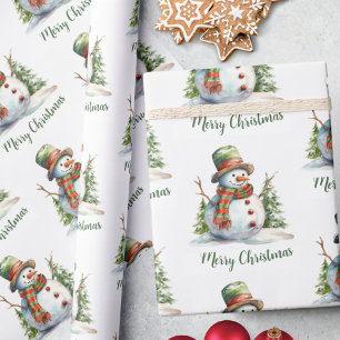Schattigee Waterverf Modern Rood Groen Sneeuwman K Cadeaupapier