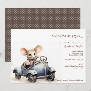 Schattigee Waterverf Mouse in Blue Car Baby shower Kaart