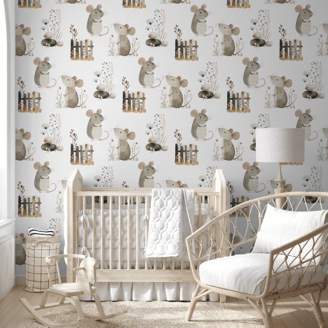 Schattigee Waterverf Muizen Boho Neutral Nursery Behang (Kinderen)
