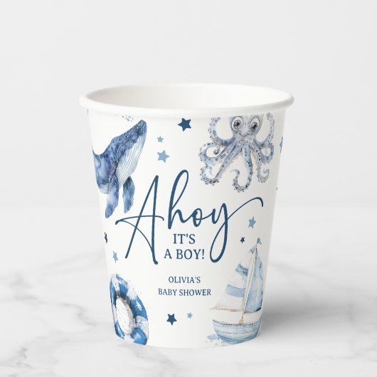 Schattigee Waterverf nautische jongen Baby shower Papieren Bekers (Voorkant)