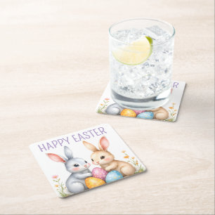 Schattigee Waterverf paashaas Happy Easter Vierkante Kartonnen Onderzetter