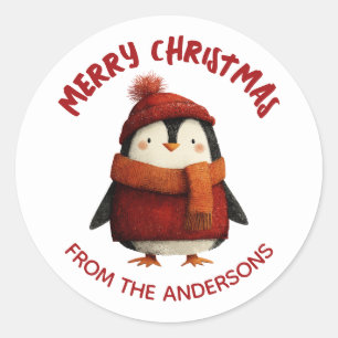 Schattigee Waterverf Pinguïn Vrolijk Kerstfeest Ronde Sticker