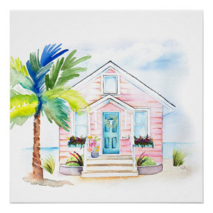 Schattigee Waterverf Pink Beach House Perfect Poster