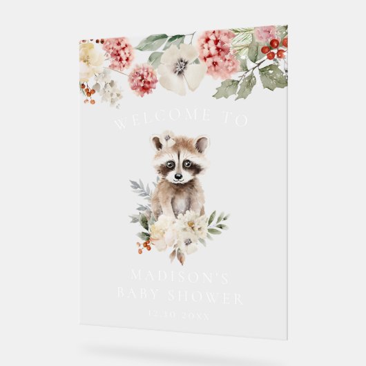Schattigee Waterverf Raccoon Baby shower Welkom Acryl Bord (Hoek)