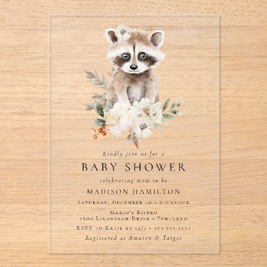 Schattigee Waterverf Raccoon Winter Baby shower Acryl Uitnodigingen (Voorkant)