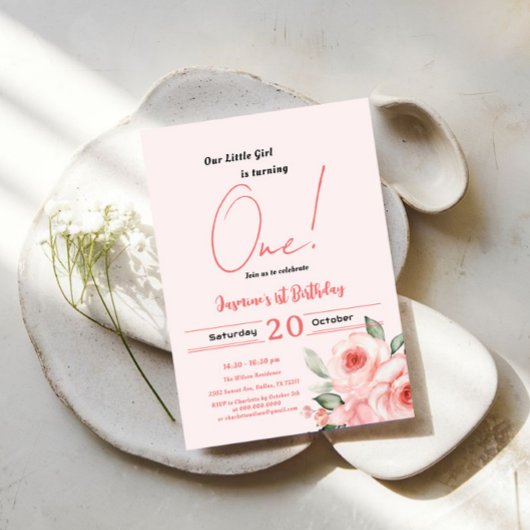 Schattigee Waterverf Roze Rose Baby Meisje 1e Verj Kaart